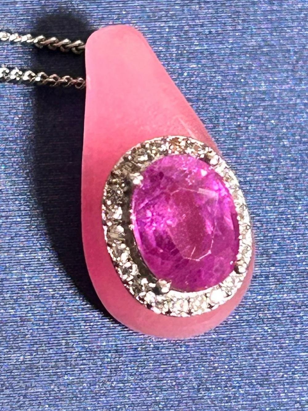 Pink Teardrop Pendant Necklace with Purple Gemstone and Crystal Halo